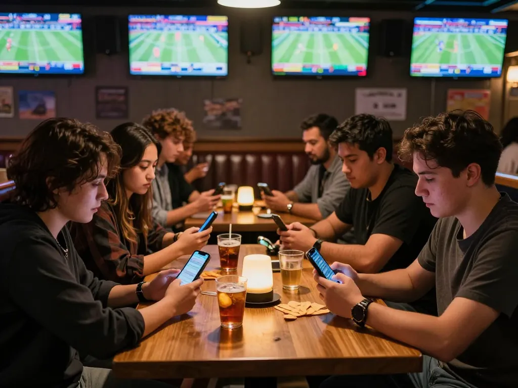 Friends engaging in sports betting action at a vibrant bar using the TA88 app, capturing excitement and casual entertainment.