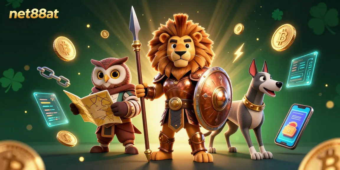 Bet on net88at with a strategic lion mascot, owl analyst, and greyhound messenger surrounded by crypto elements.