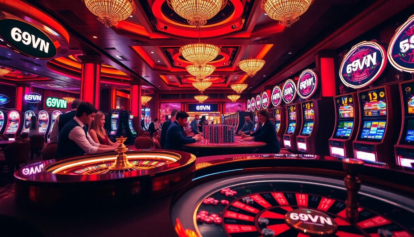 Players enjoying an exciting game at 69VN casino, featuring roulette and vibrant slot machines.