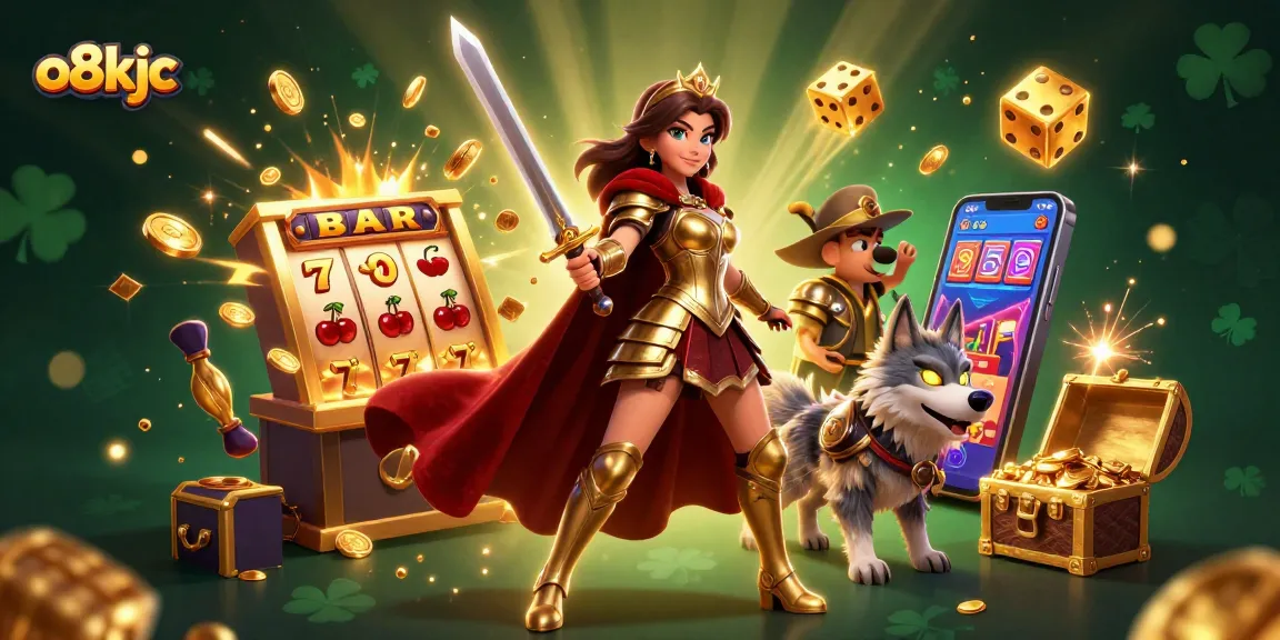 Spin to win at o8kjc with a powerful warrior queen and a jackpot explosion, showcasing vibrant casino energy!
