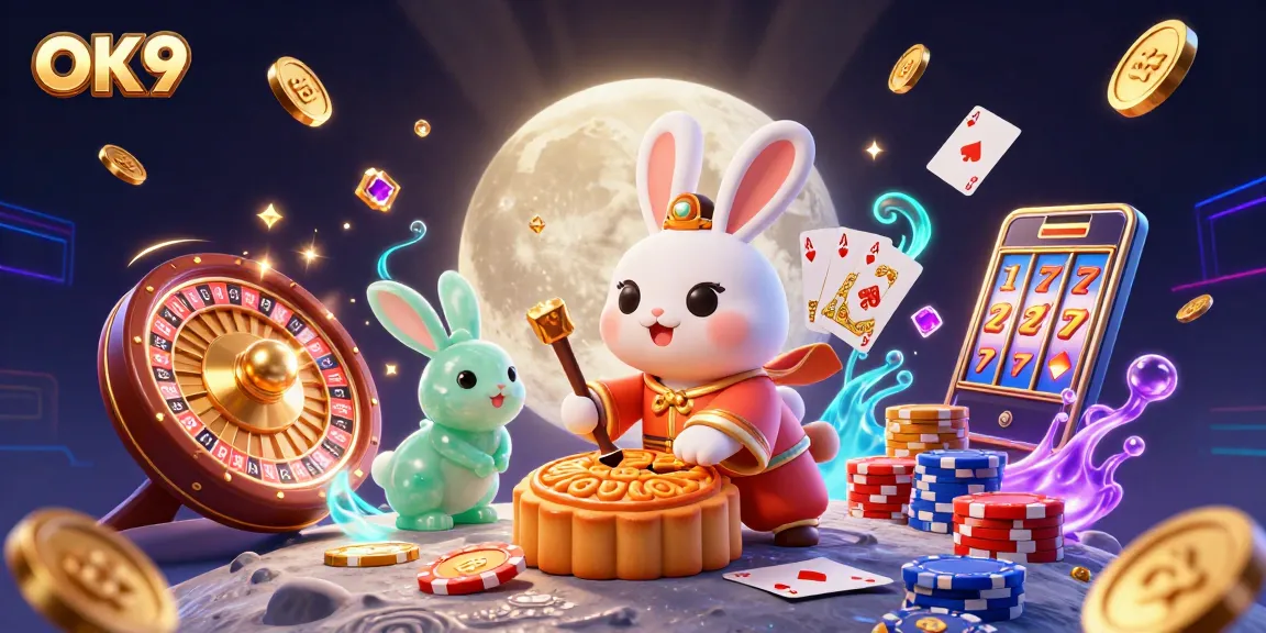 Bet on OK9 as the moon rabbit celebrates with golden poker chips and cascading coins.
