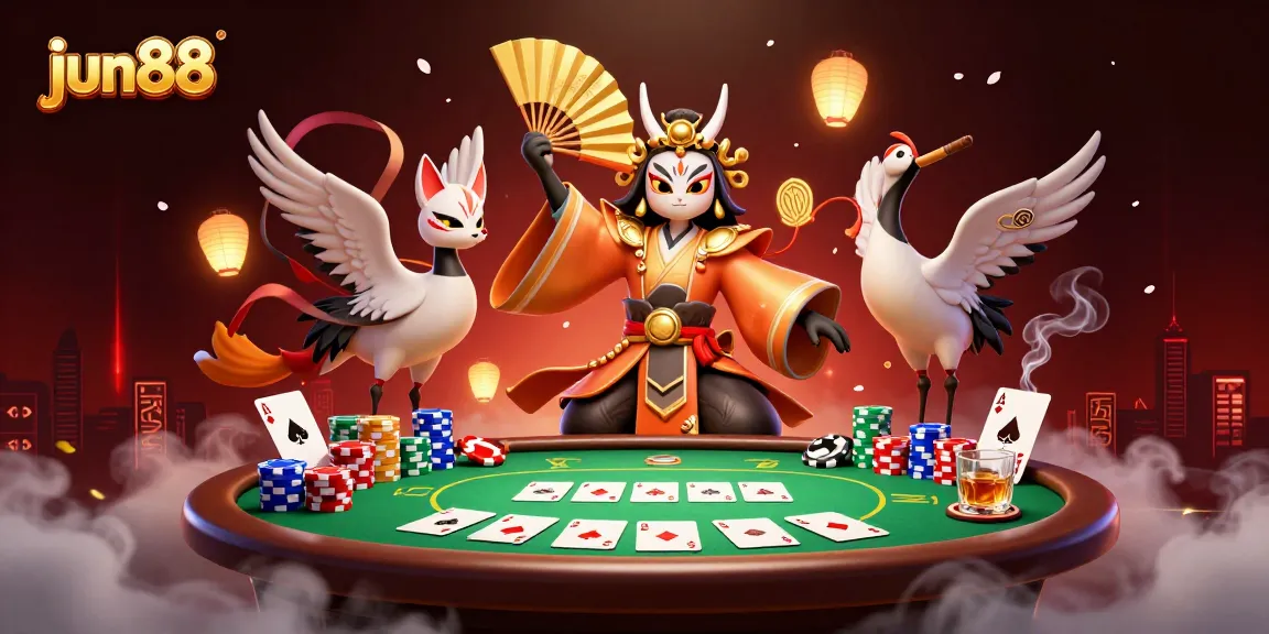 Engage in thrilling poker at jun88 with a dramatic 3D illustration of kabuki warriors and casino elements.
