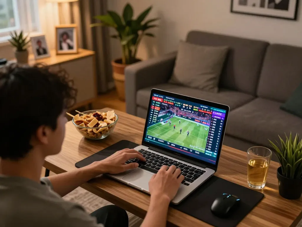 Enjoying sports betting at nhà cái XIBET from a cozy home setup, laptop showing live odds.