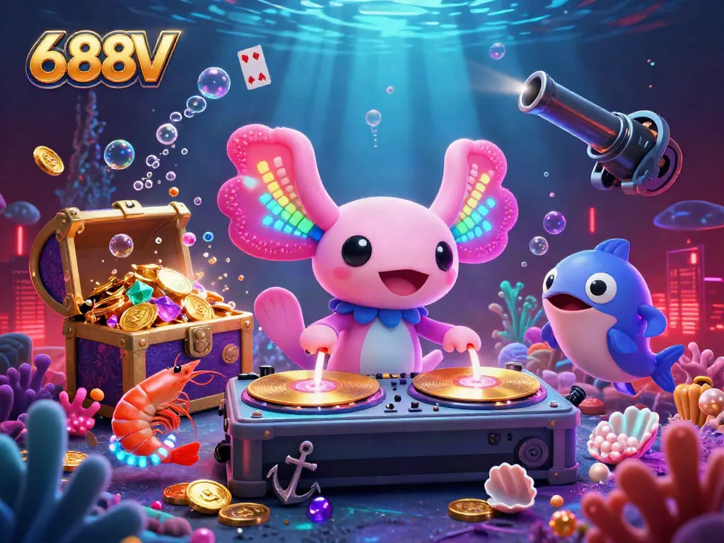688V showcases a vibrant neon-themed underwater DJ scene filled with casino elements and animated characters.