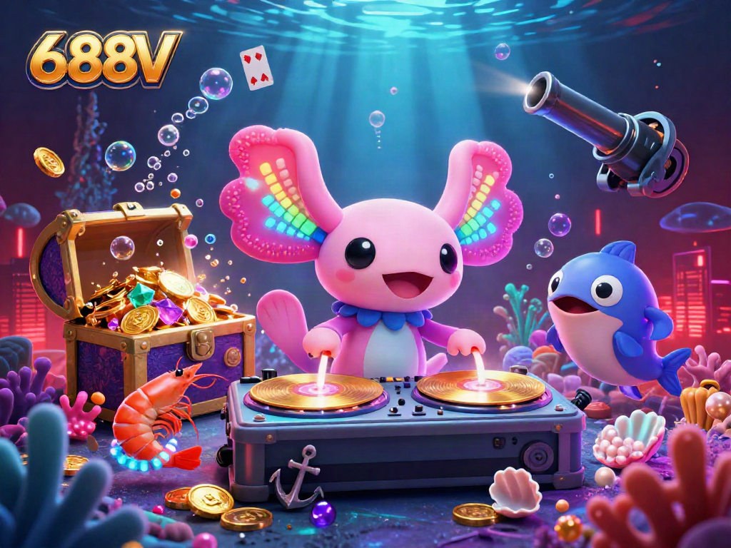 688V showcases a vibrant neon-themed underwater DJ scene filled with casino elements and animated characters.