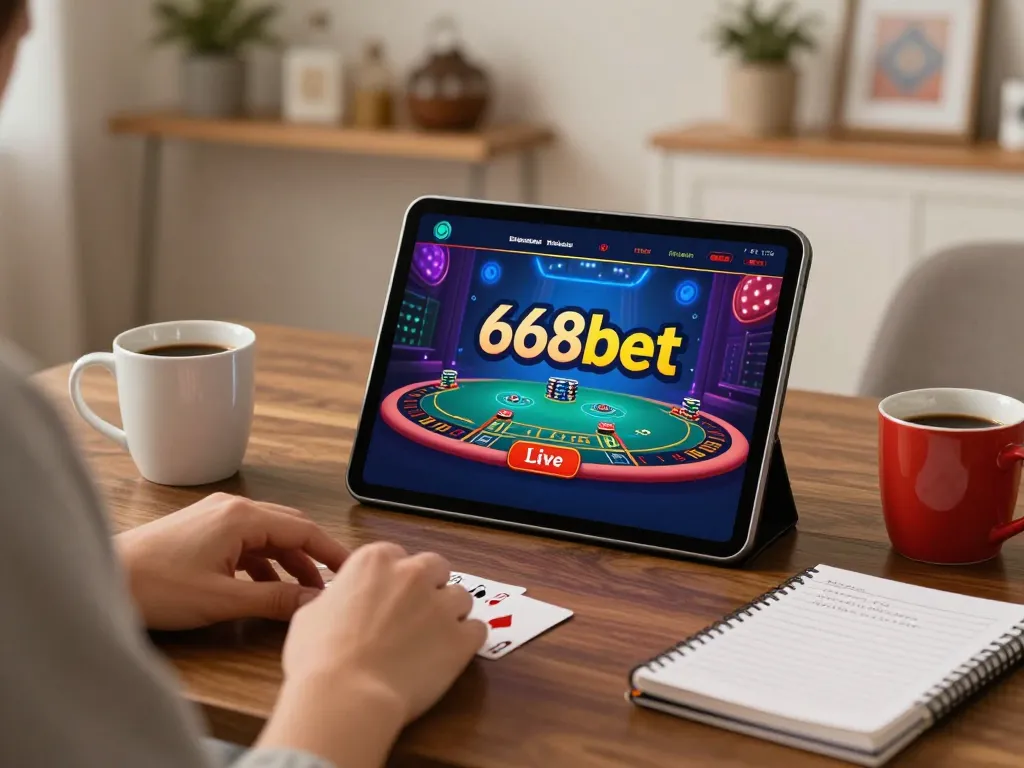 Jogador engajado usando o app de blackjack com dealer ao vivo da 668bet em casa, apreciando a interface vibrante do jogo.