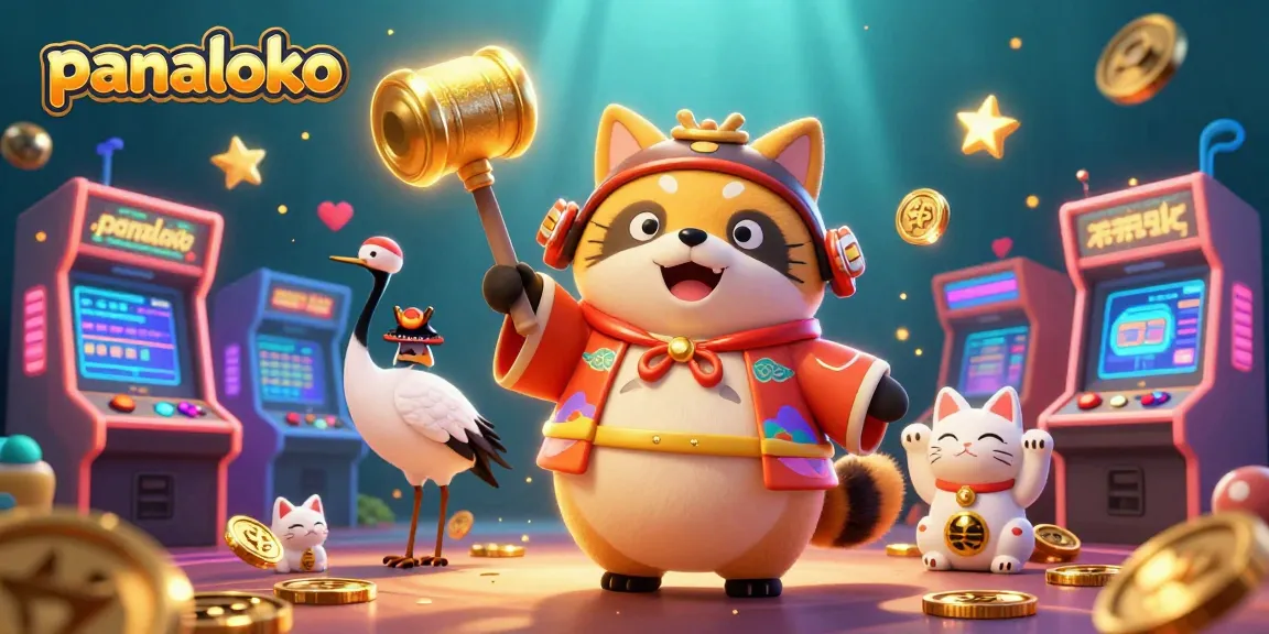 Panaloko engages players with colorful arcade elements and a cheerful raccoon in a vibrant casino scene.