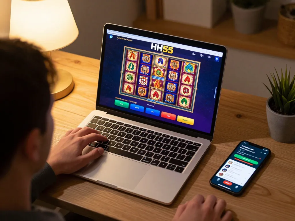 Jogador engajado desfrutando de jogos de cassino online na plataforma HH55 com laptop e smartphone.