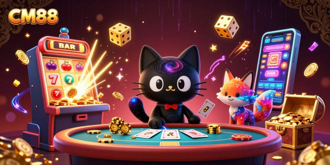 CM88 cosmic casino scene with a black hole cat and nebula fox pulling in chips and cards
