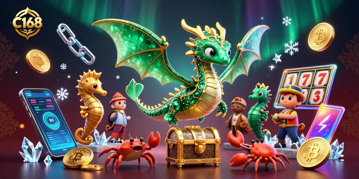C168 offers an exciting gaming experience with vibrant characters, crypto elements, and slot machines swirling in action.