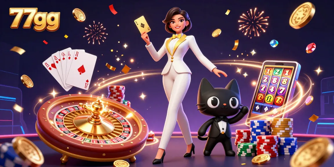 Experience thrilling gaming action at 77gg with a glamorous dealer and vibrant casino atmosphere.