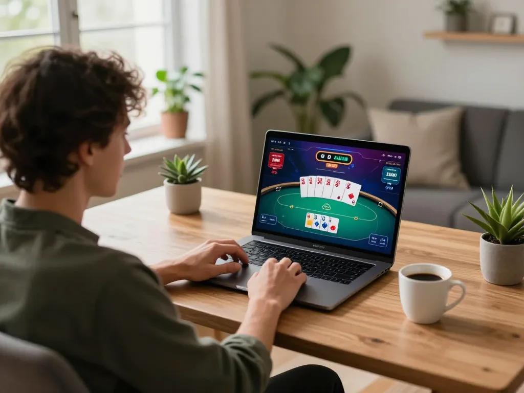 Player strategizing in an online poker game on vip66 with a cozy setup and vibrant interface.