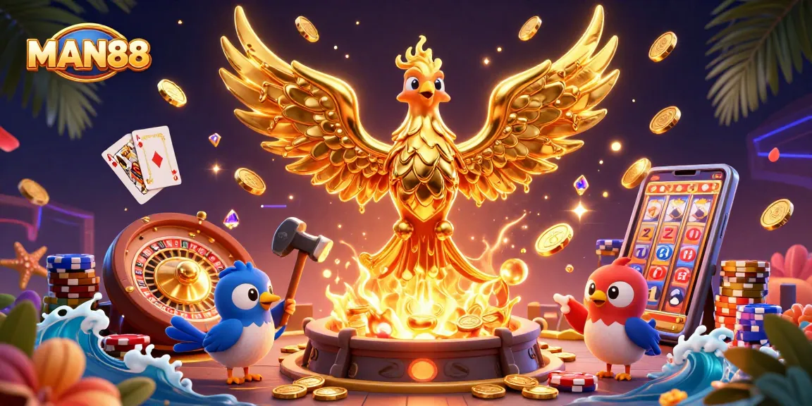 Experience the excitement of MAN88 online casino as golden phoenix and sparrows create winning moments among vibrant game elements.