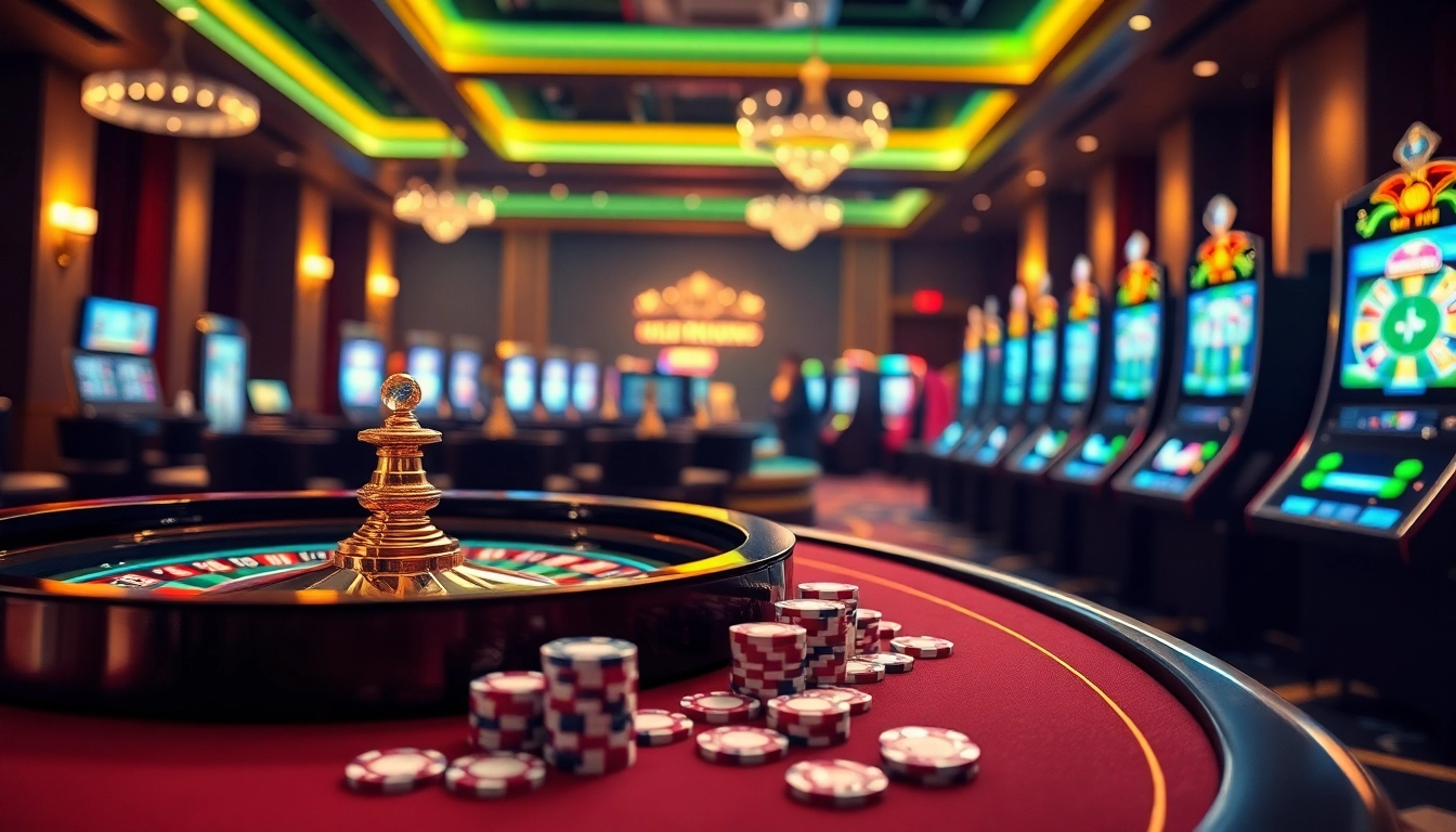 Experience the excitement of 288T with vibrant slot machines and poker chips in a luxurious casino setting.