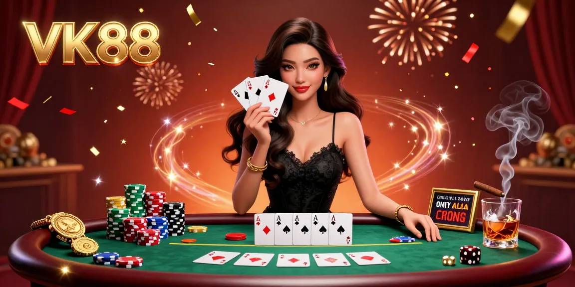 VK88 showcases a stunning poker scene featuring an elegant Asian woman holding playing cards amidst casino glamour.