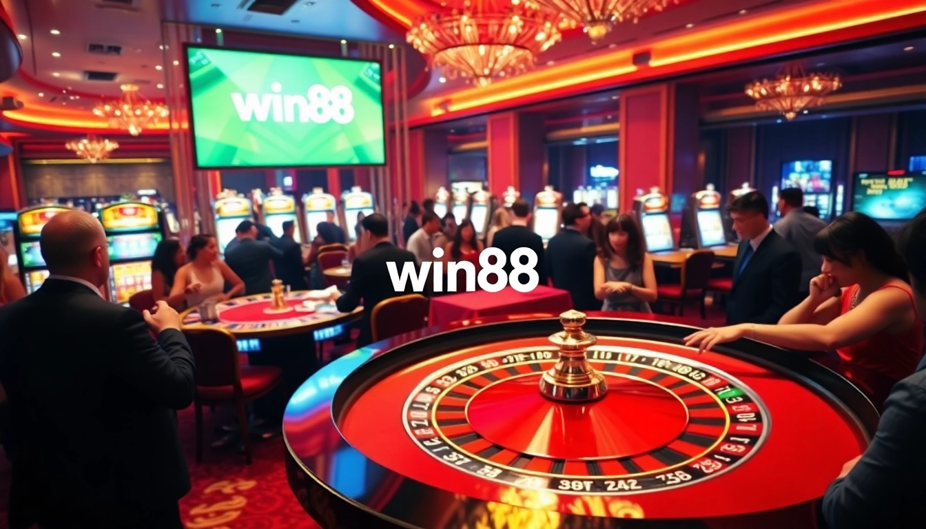 Experience excitement at win88’s lavish casino, featuring roulette and vibrant slot machines.
