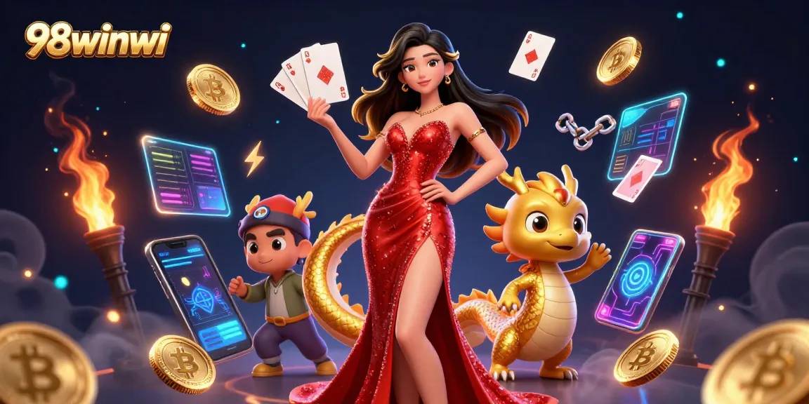 Experience the excitement of 98winwi with a dazzling casino scene filled with floating gaming elements.