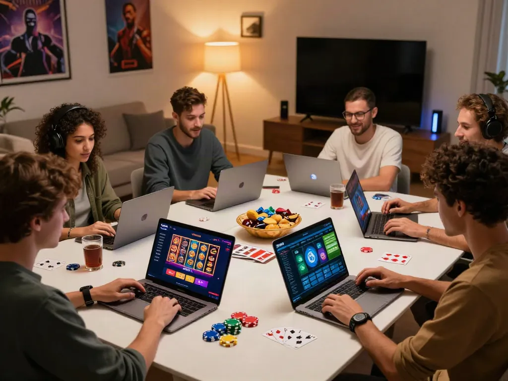 Diverse friends enjoying a fun gaming night with Du88 on devices, cards, and snacks.