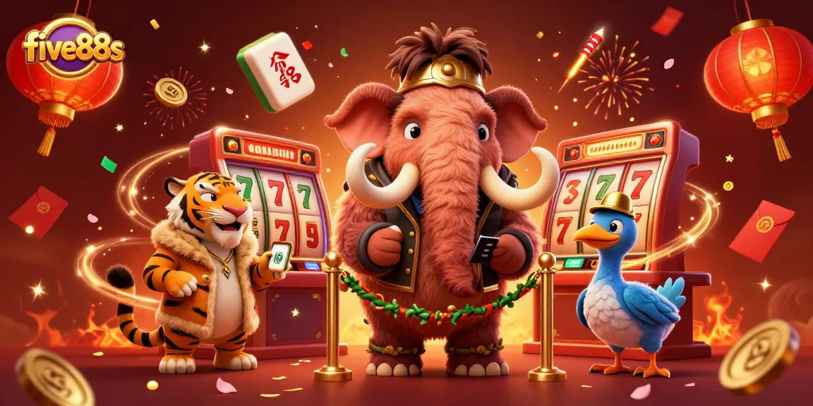 Experience the exciting world of five88s with a vibrant casino scene, featuring unique characters and dynamic slot elements.