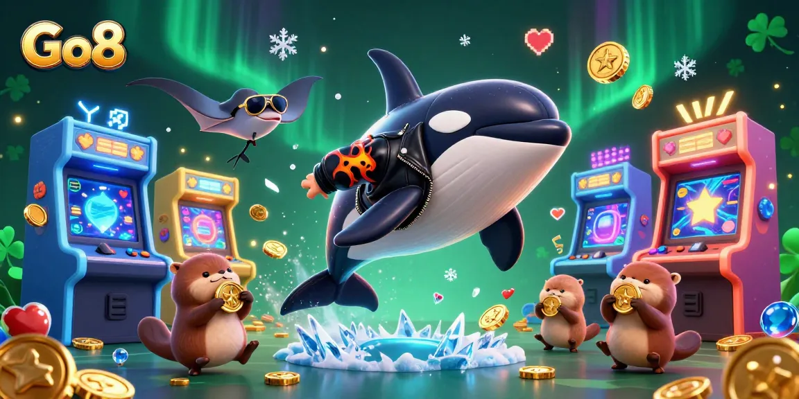 Engage in thrilling gameplay with Go8's colorful casino scene featuring animated characters and vibrant arcade elements.