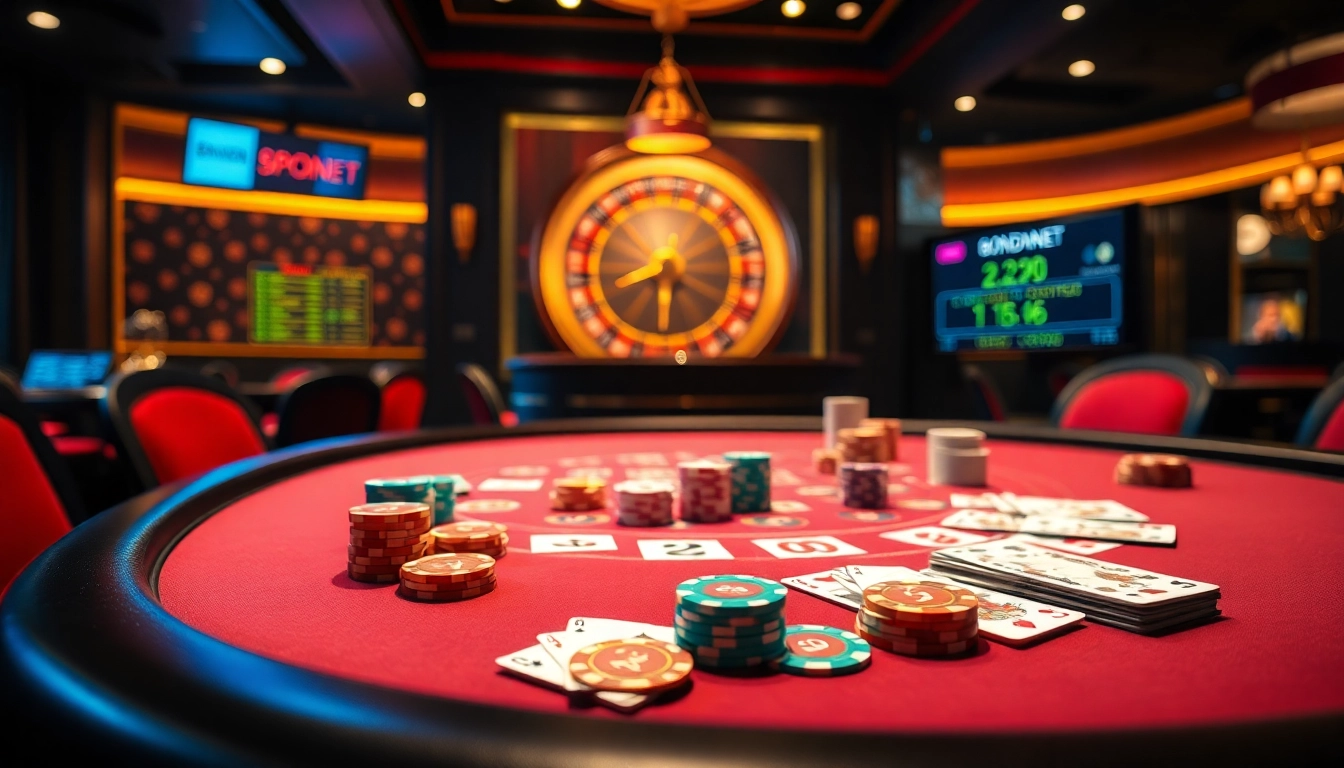 Players engaging in strategy with BongdaNET at a luxury poker table amidst vibrant casino lights.