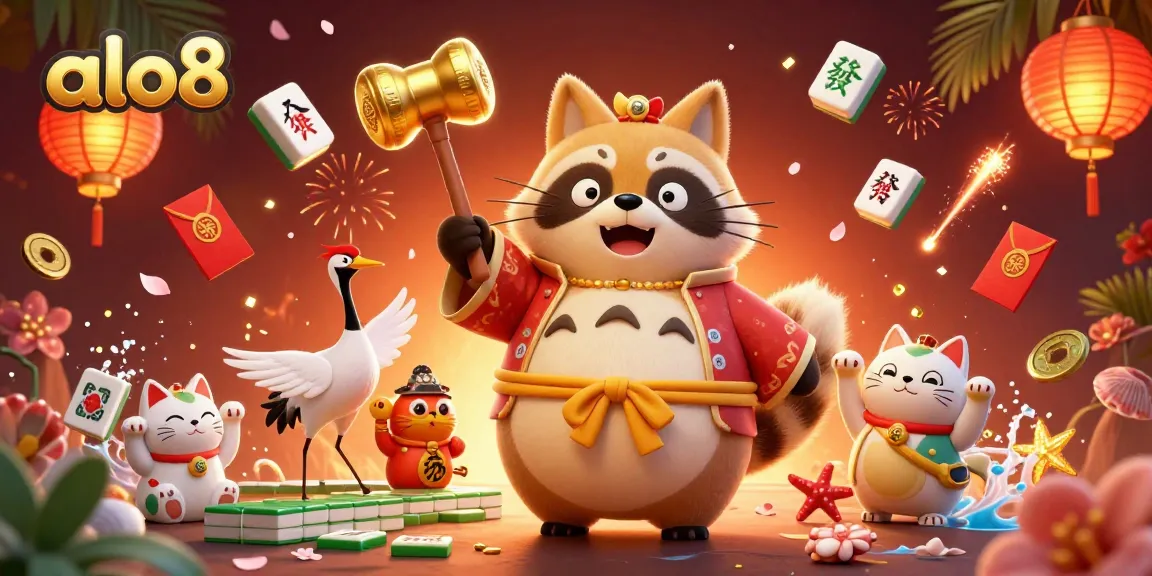 Experience exciting gameplay at alo8 with cheerful tanuki, crane, and maneki-neko in a vibrant casino scene.