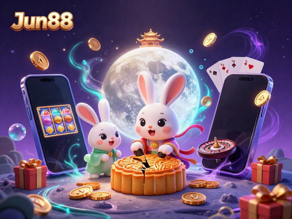 Experience thrilling gaming at Jun88 where the moon rabbit reveals poker chips among casino-themed treasures.