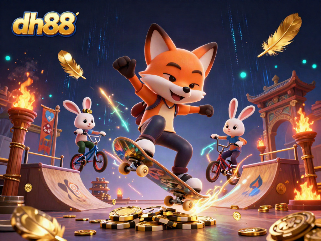 Experience thrilling gaming action with dh88 in vibrant 3D illustration filled with casino elements.