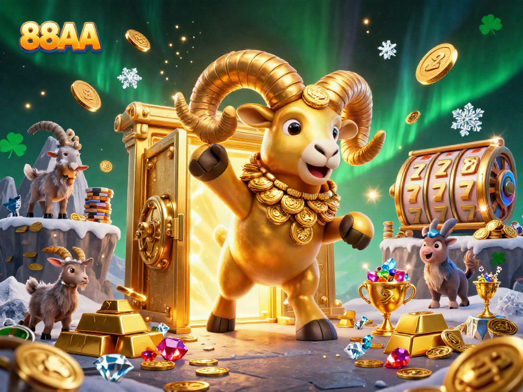 Experience thrilling action at 88AA with golden ram charging and slot game elements.