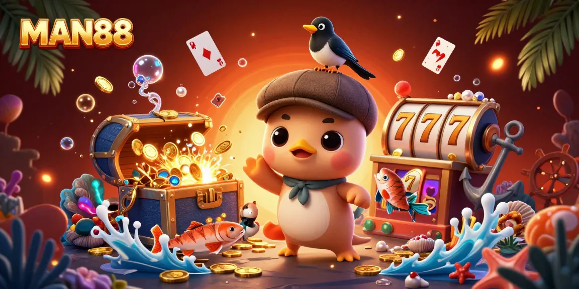 Join the fun with MAN88 in this vibrant illustration featuring a playful Nessie, treasure chests, and dynamic slots.