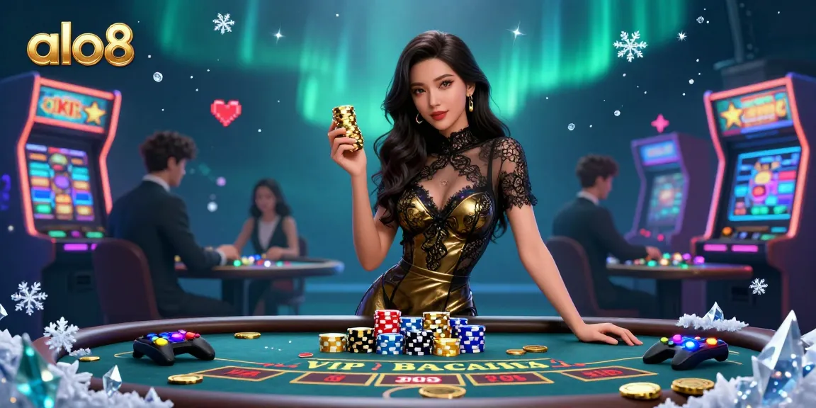Engage with alo8's vibrant casino scene featuring a confident woman at a VIP baccarat table amid dynamic gaming elements.