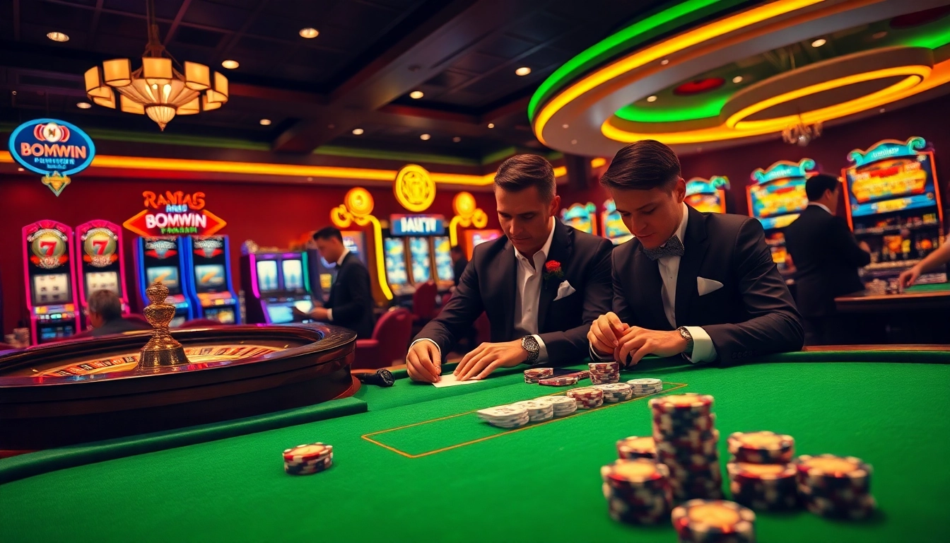 Engaging scene of professional gamblers with Bomwin-themed poker chips at an upscale casino table.