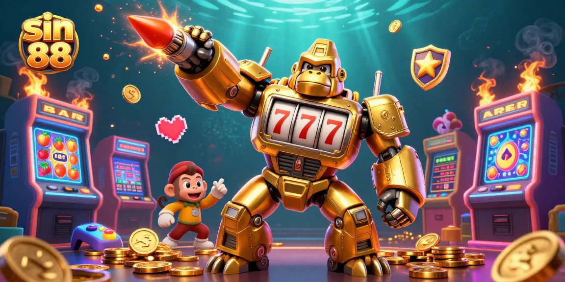 Engage with the thrilling universe of sin 88 featuring a golden gorilla mech amidst slot machine elements.