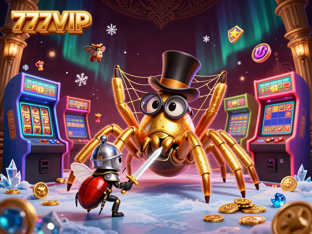 Experience the enchanting 777VIP casino realm with a golden tarantula, beetle knight, and vibrant gaming elements.