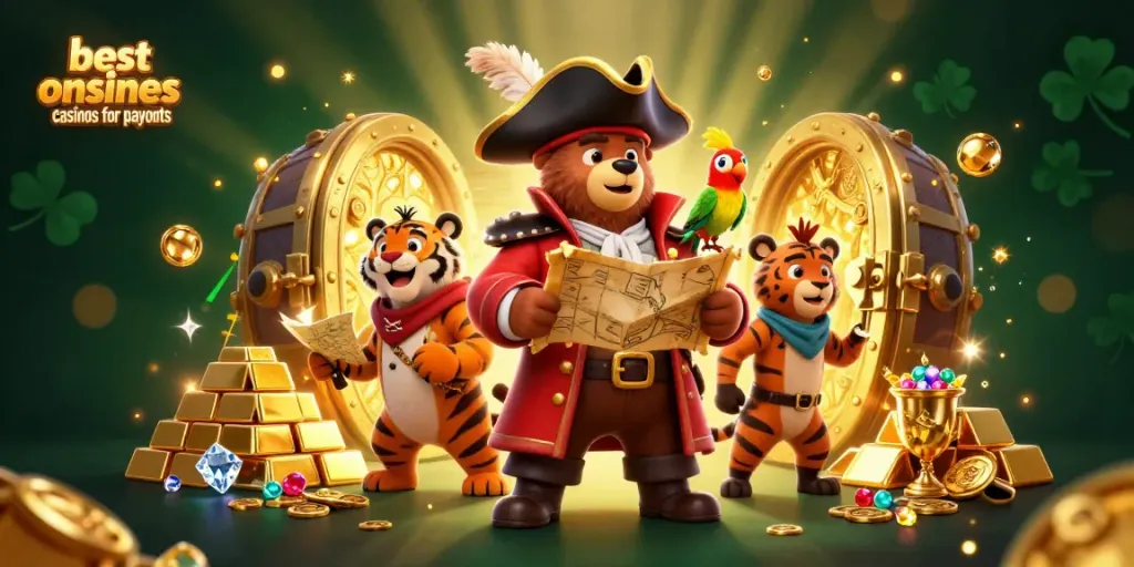 Experience thrilling adventures at the best online casinos for payouts with a pirate bear and friends surrounded by treasures.