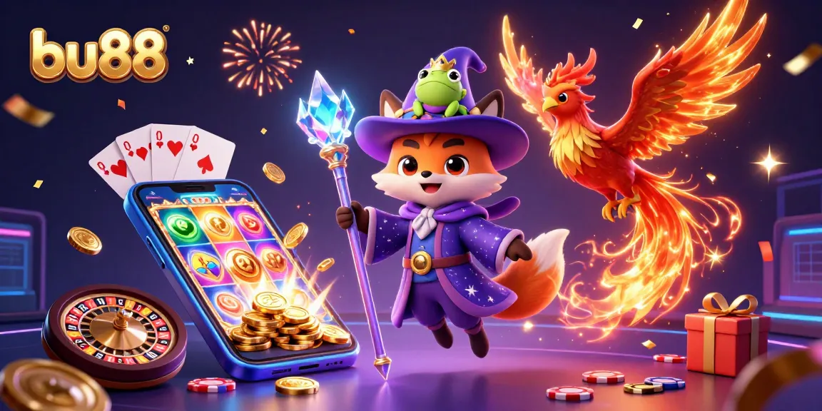 Engage with bu88's vibrant casino world featuring a wizard fox, phoenix, and dynamic gaming elements.