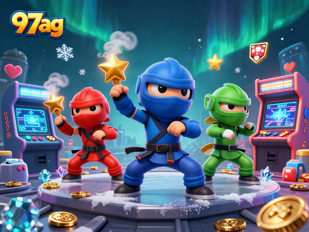 Engage with 97ag's thrilling casino experience featuring vibrant chameleon ninjas and arcade elements.