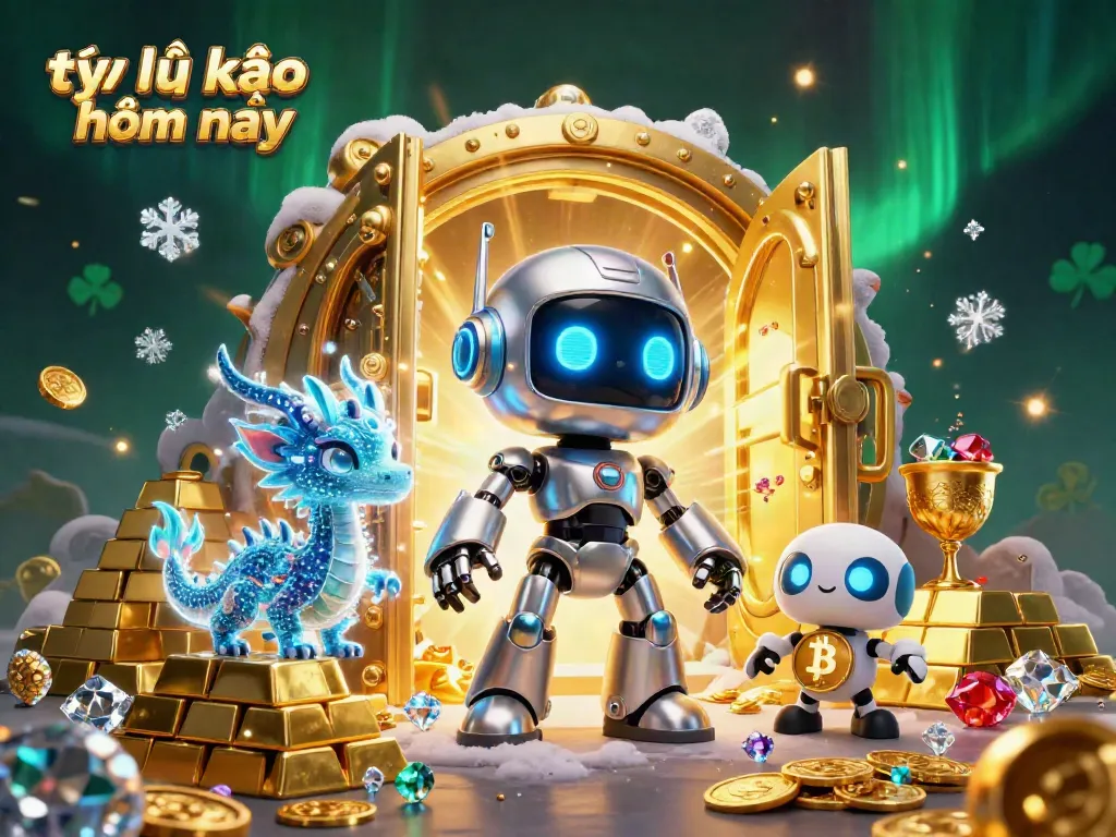 Engage with tỷ lệ kèo nhà cái hôm nay through a vibrant 3D scene featuring a cyberpunk robot and treasure elements.