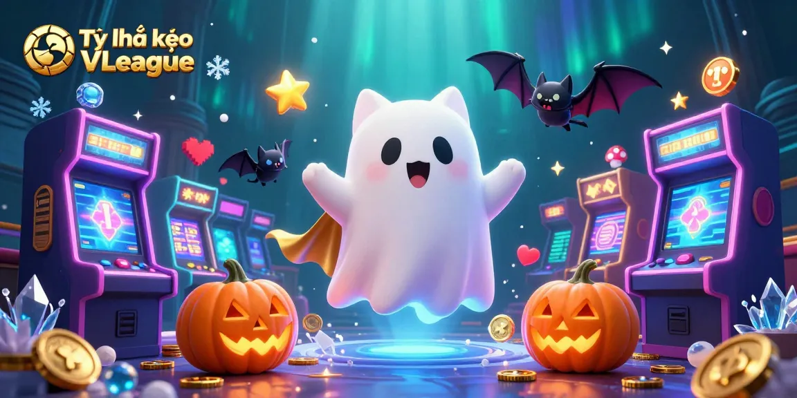 Tỷ lệ kèo V-League highlighted in a lively haunted casino scene with ghost cat and glowing elements.