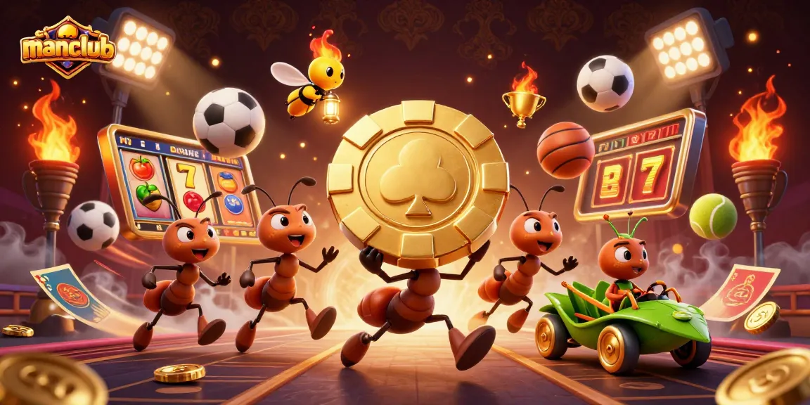 Experience thrilling casino adventures with Manclub's vibrant ant heist illustration