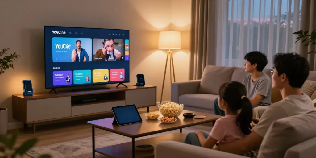 Família assistindo a filmes na TV com YouCine; clique aqui para download.