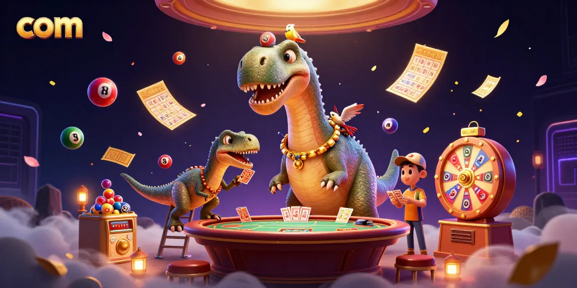 Engaging 3D illustration of a com-themed casino with a brontosaurus, raptor dealing cards, and lottery elements.