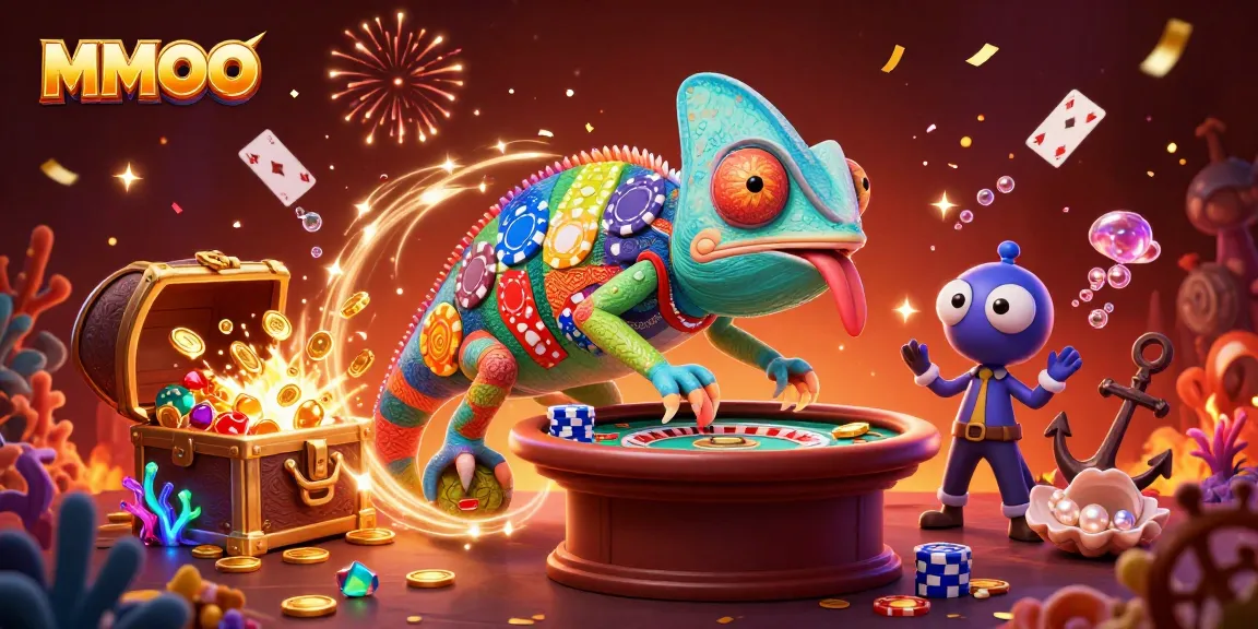 Experience the excitement of MMOO with a chameleon casino owner in a vibrant gambling scene.