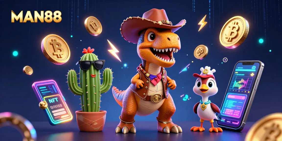 Join the excitement of MAN88 with a thrilling digital casino scene featuring vibrant characters and crypto icons.