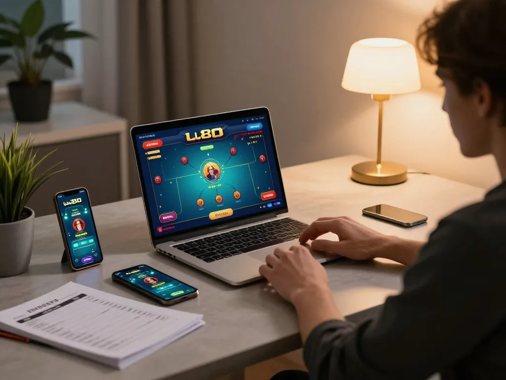 Engaged user playing on uu88 poker platform displayed on laptop, showcasing focused strategy and casual home lighting.