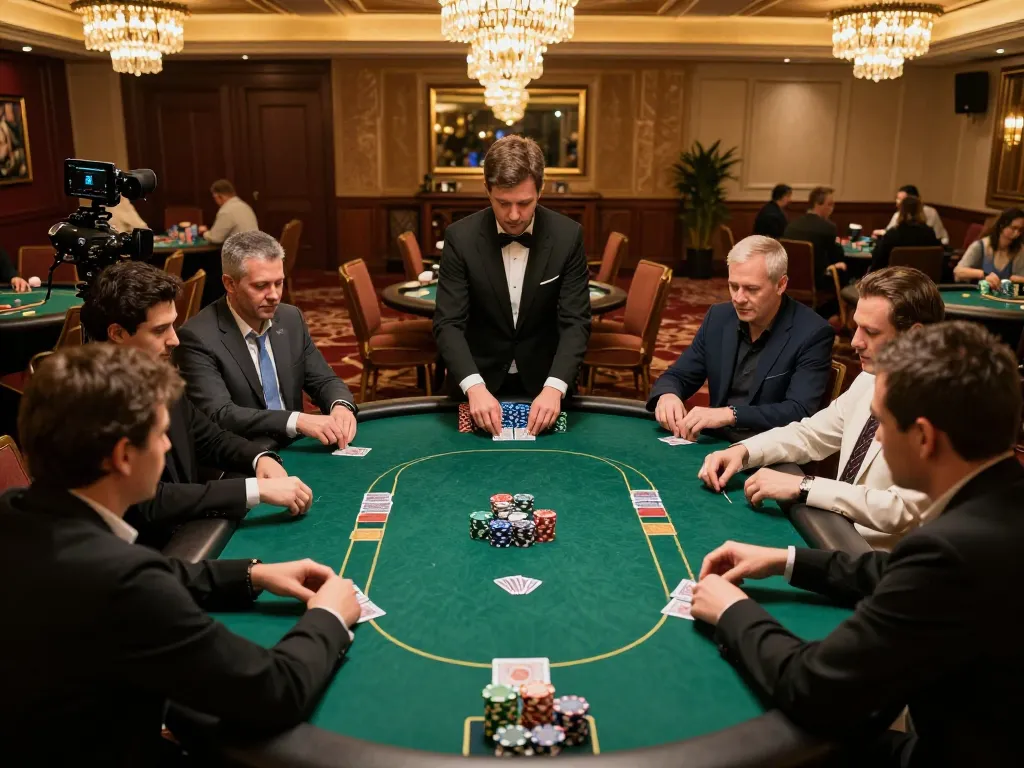 27G players engaged in high-stakes poker game with professional dealer managing bets in vibrant casino atmosphere