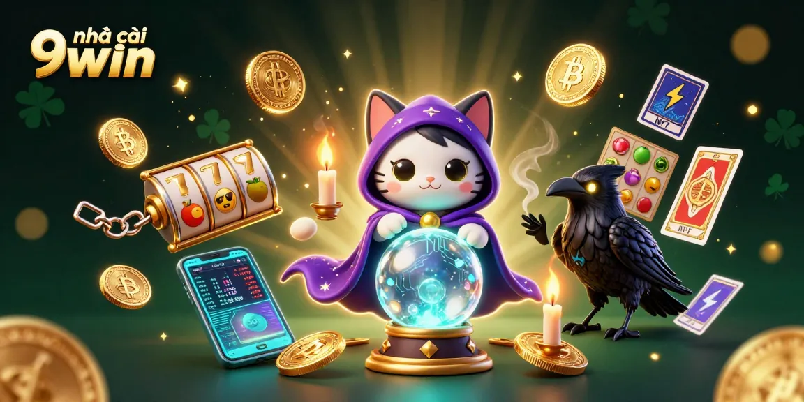 Engage with nhà cái 9win in this detailed illustration featuring a mystical cat, raven, and dynamic slot games.