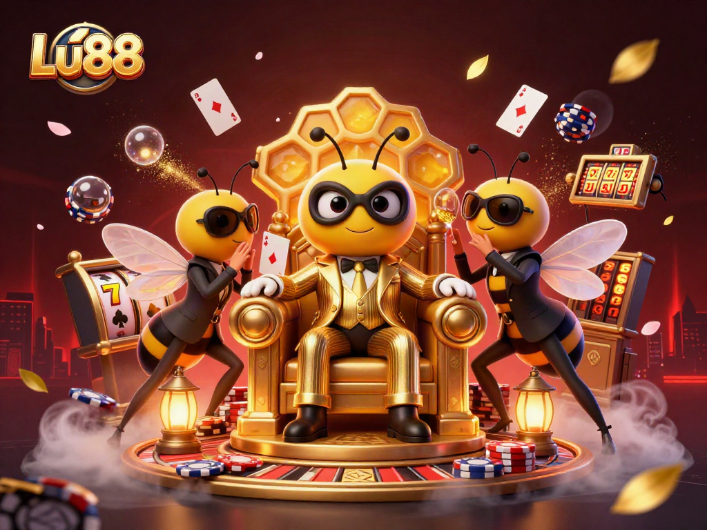 Engage with Lu88's thrilling casino action featuring a bumblebee mob boss amid roulette and poker elements.
