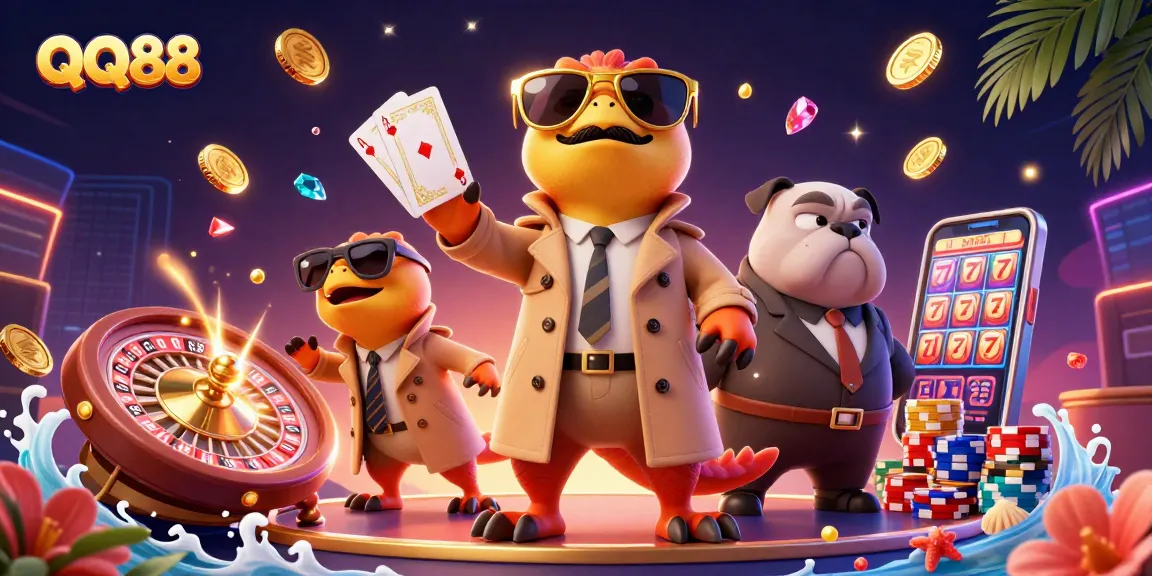 Engage with QQ88 in an exciting casino scene featuring raptors, chips, and dynamic casino elements.