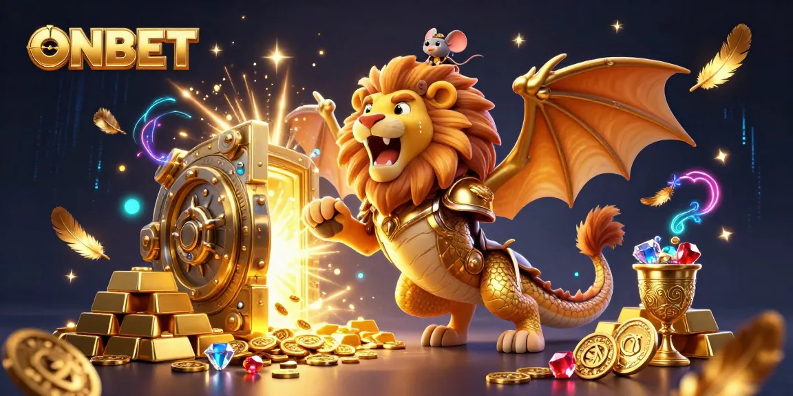 Win big with ONBET in a magical casino scene featuring a golden chimera and treasure.